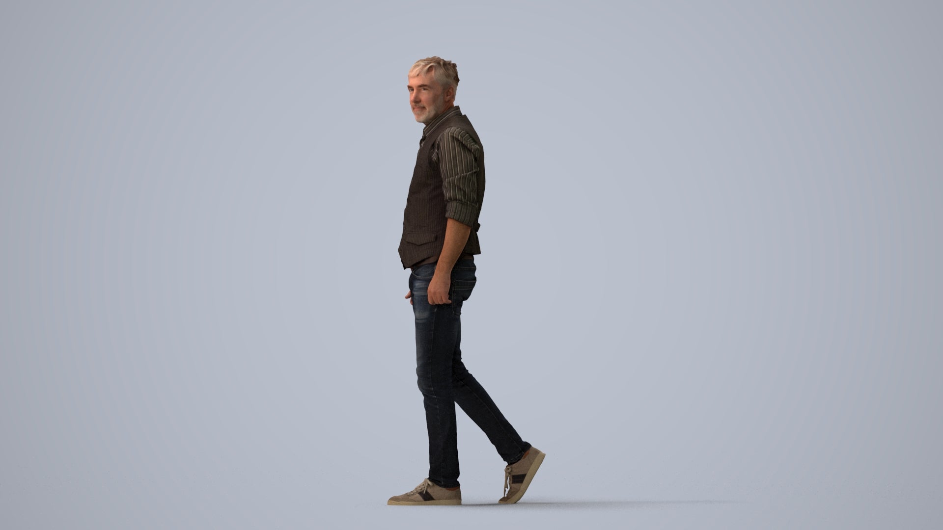realistic 3D human man casual walking, archviz people FBX OBJ for Blender, three-quarter view render