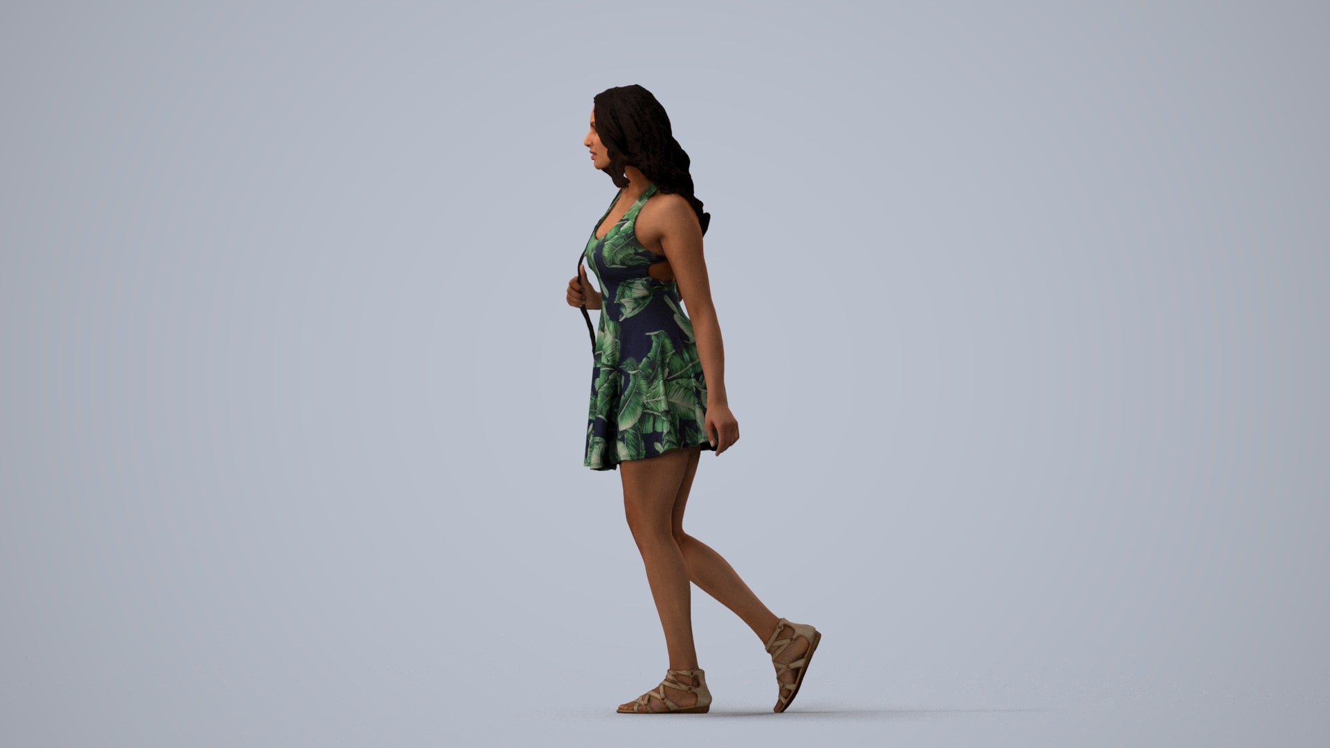 scanned 3D woman walking, photogrammetry people for Enscape and V-Ray, three-quarter view render