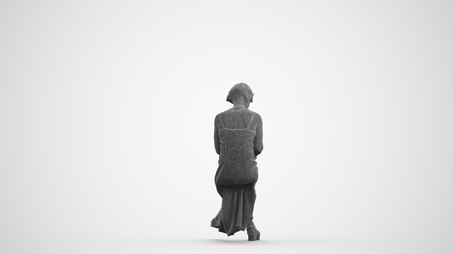 photogrammetry 3D senior woman sitting, realistic human model archviz FBX, wireframe front view