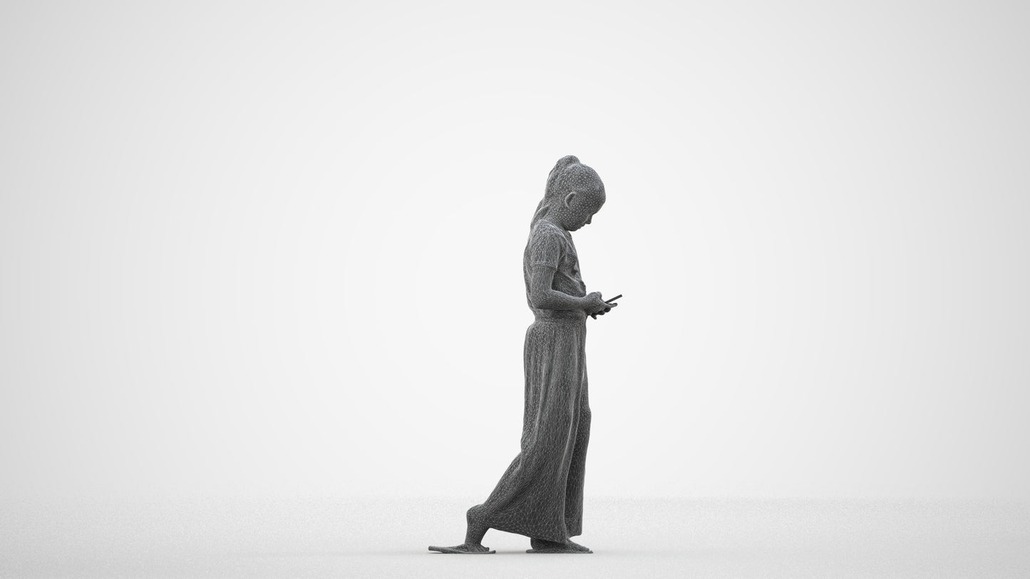 3D human model woman casual kids, photogrammetry scanned person for archviz, wireframe side view