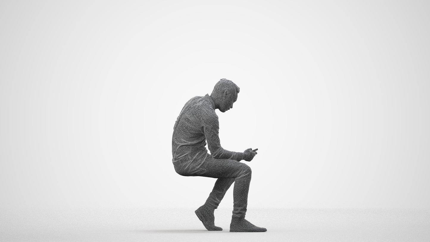 3D people model man casual sitting, scanned human for 3ds Max rendering, wireframe side view
