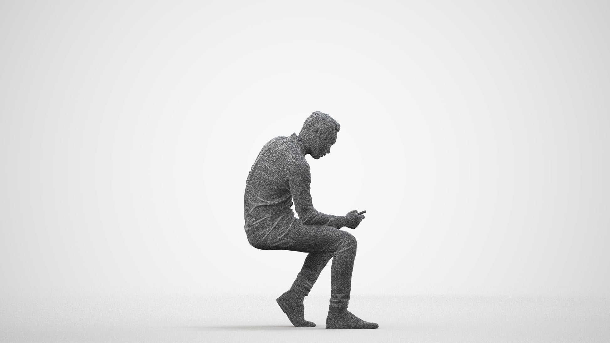 3D people model man casual sitting, scanned human for 3ds Max rendering, wireframe side view