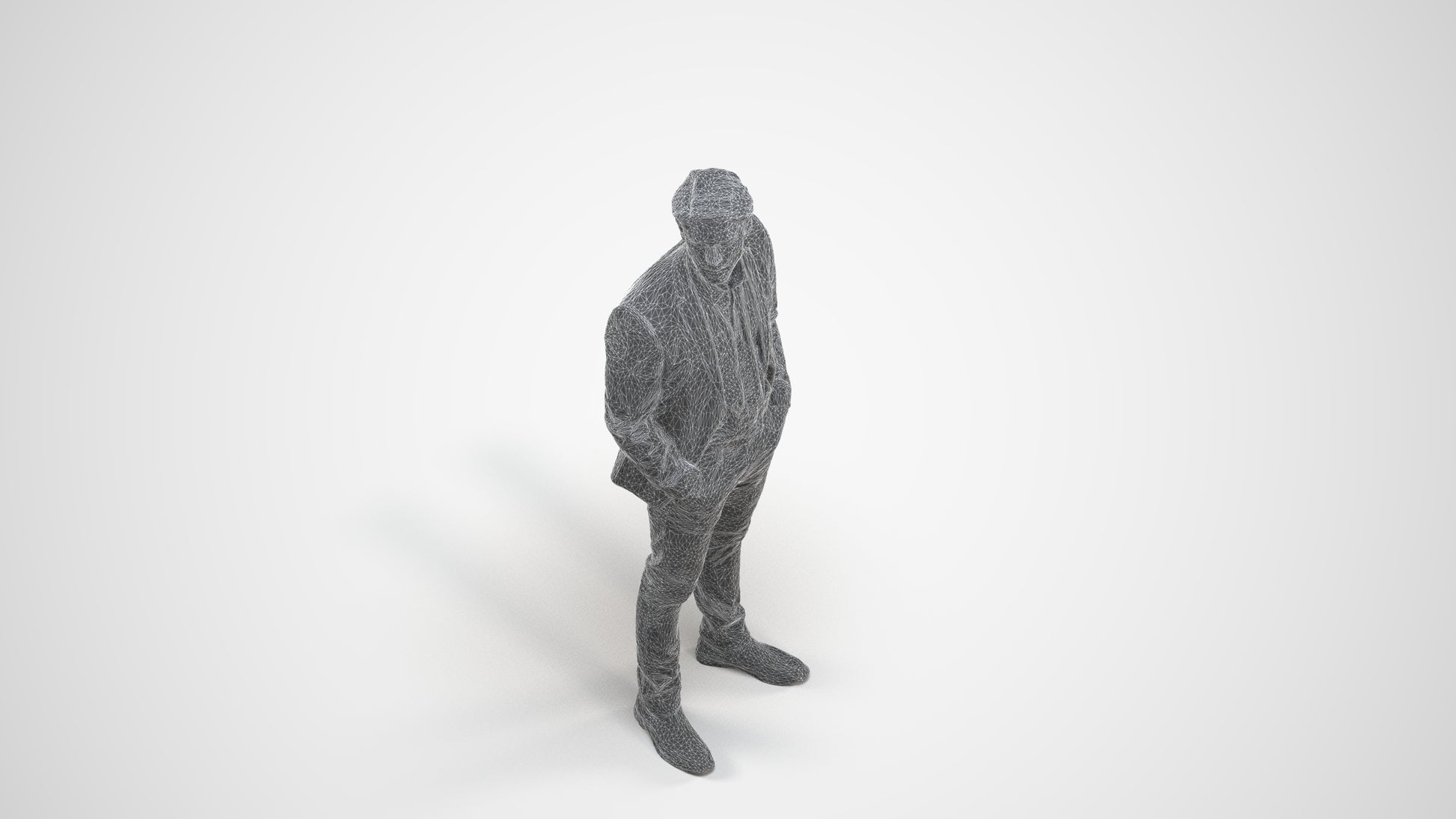 3D human model man business, photogrammetry scanned person for archviz, wireframe three-quarter view