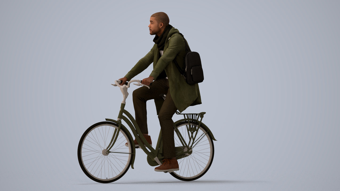 3D human model man casual sitting, photogrammetry scanned person for archviz, three-quarter view render