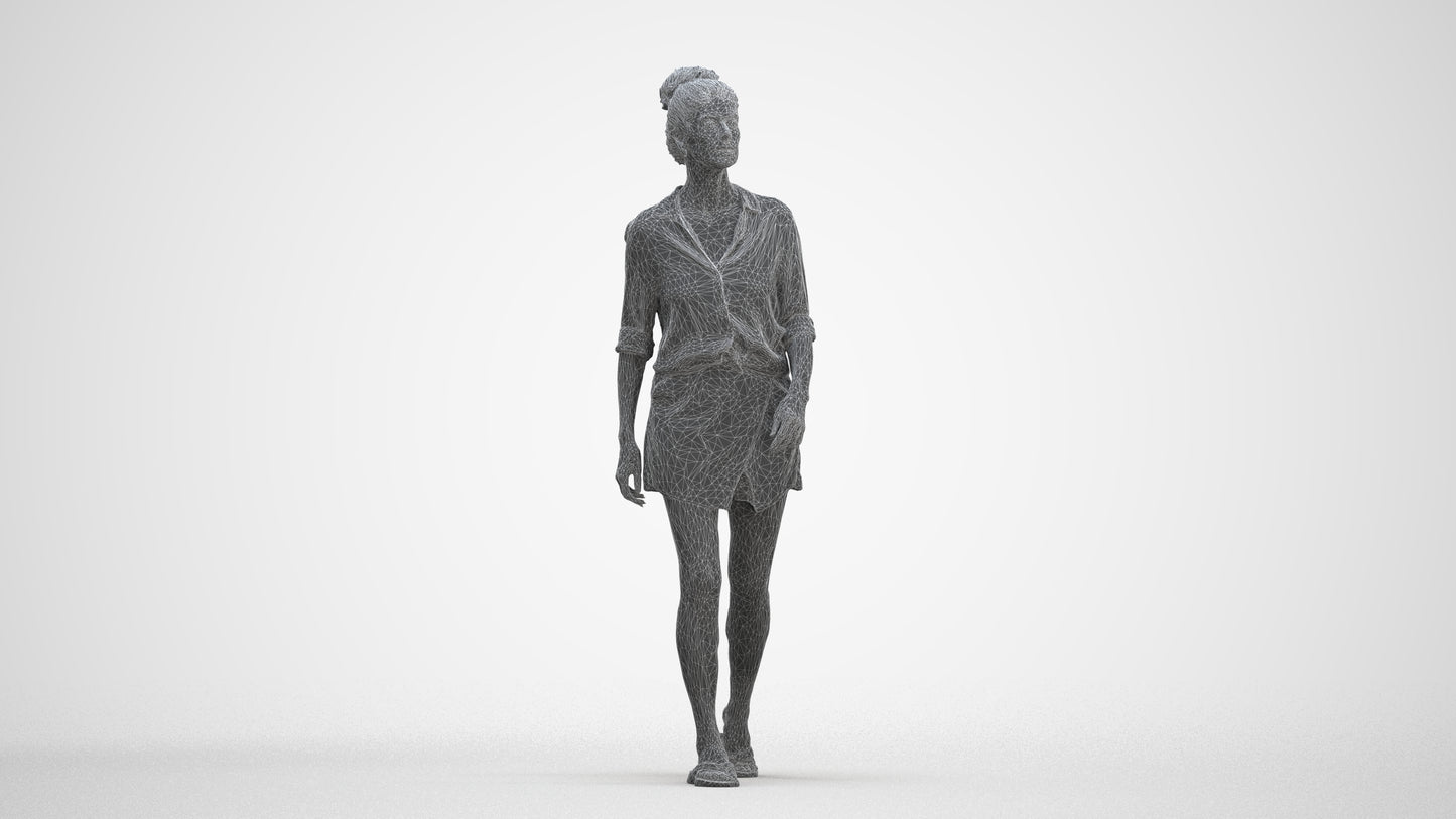 3D human model woman casual standing, photogrammetry scanned person for archviz, three-quarter front view render