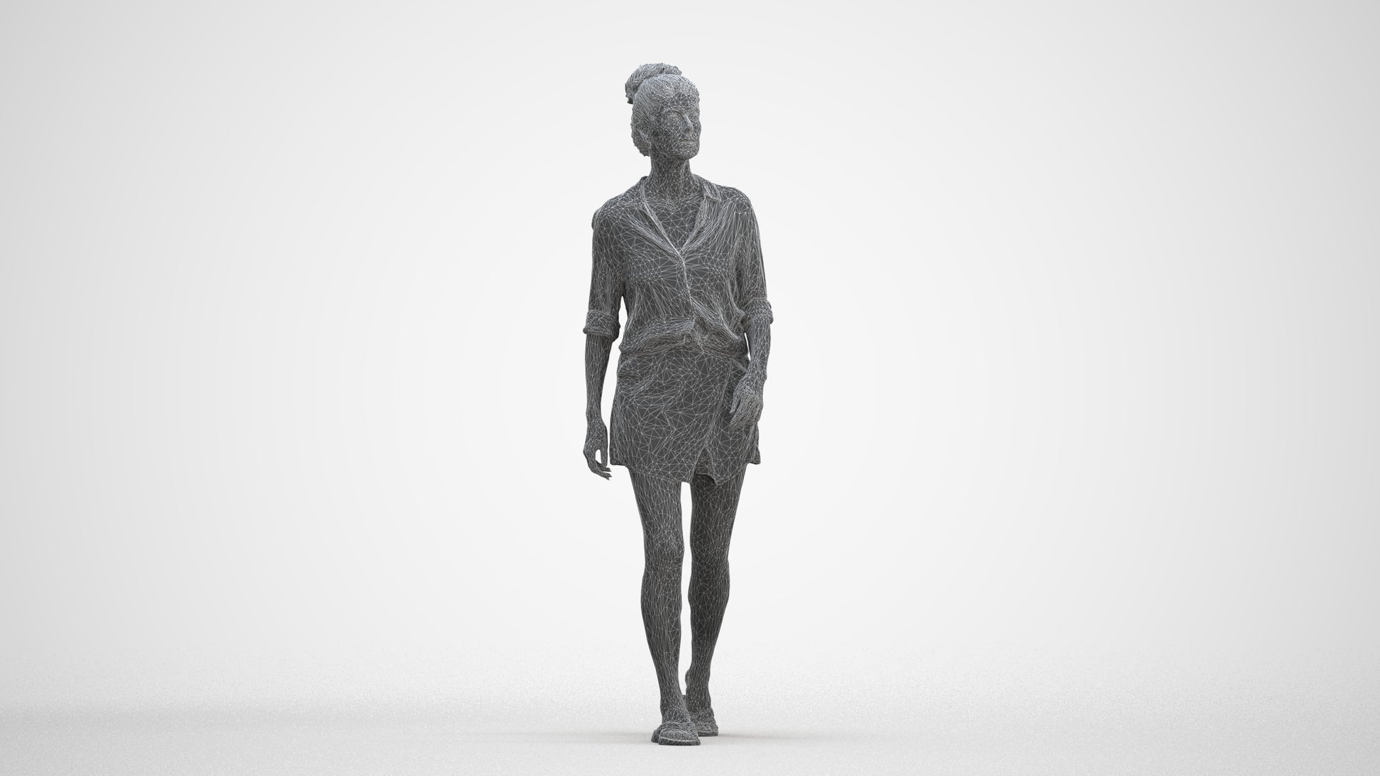 3D human model woman casual standing, photogrammetry scanned person for archviz, three-quarter front view render