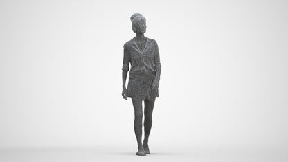 3D human model woman casual standing, photogrammetry scanned person for archviz, three-quarter front view render