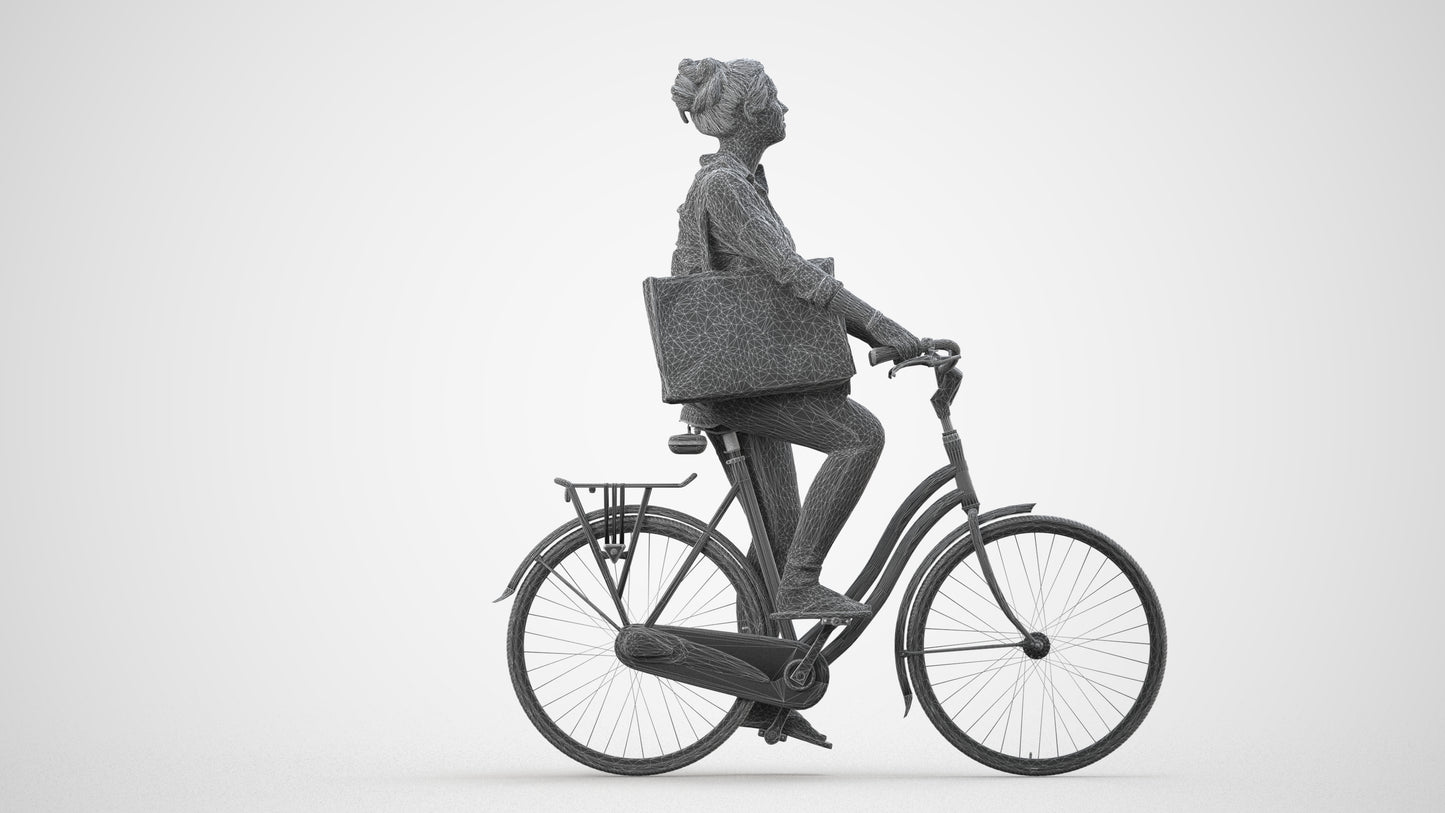realistic 3D people woman casual cycling, render-ready for V-Ray and Corona, FBX OBJ, wireframe side view