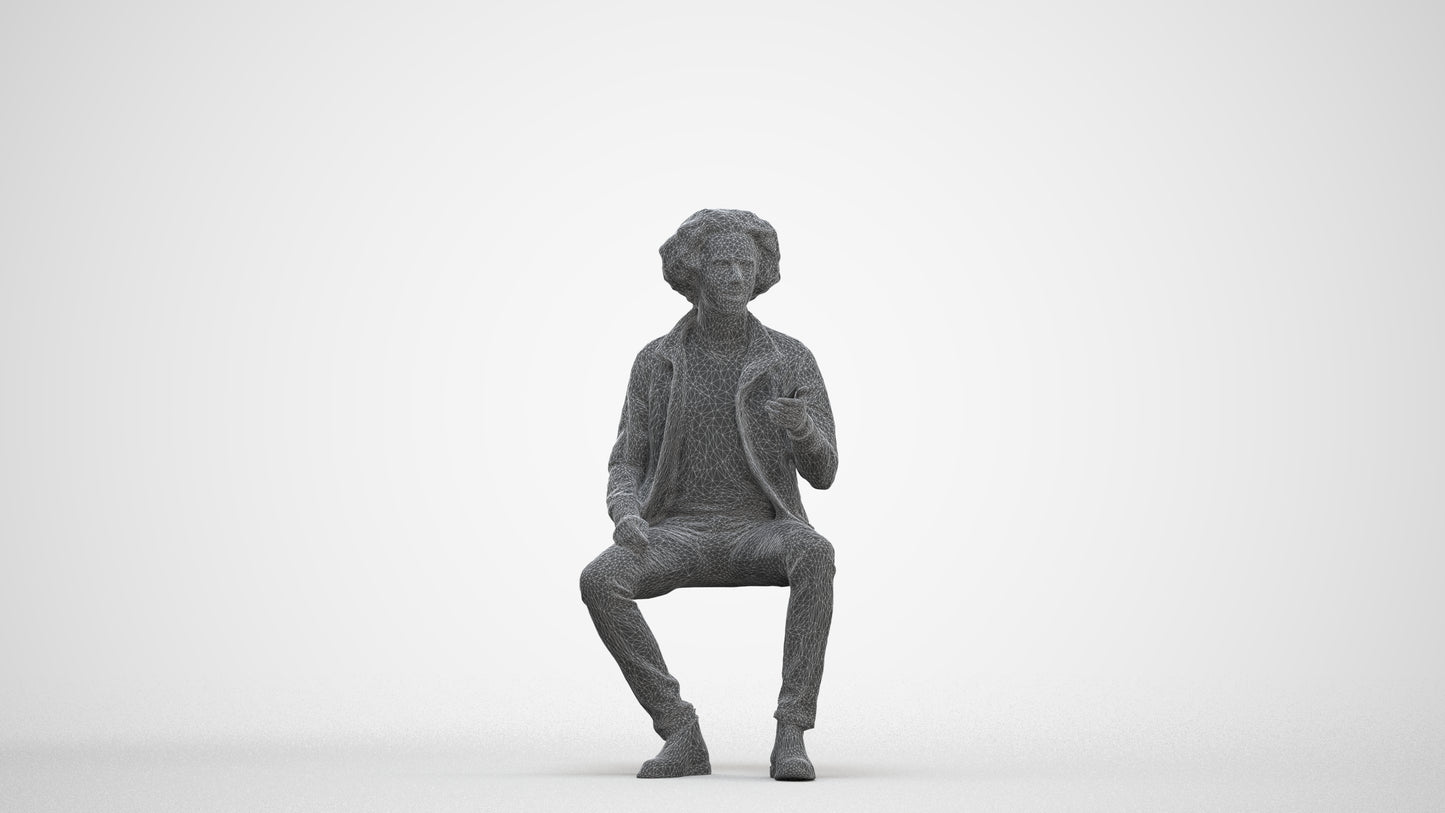 scanned 3D man casual sitting, photogrammetry people for Enscape and V-Ray, three-quarter front view render
