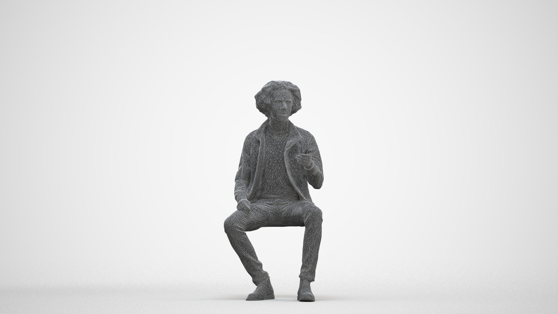 scanned 3D man casual sitting, photogrammetry people for Enscape and V-Ray, three-quarter front view render