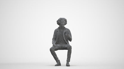 scanned 3D man casual sitting, photogrammetry people for Enscape and V-Ray, three-quarter front view render