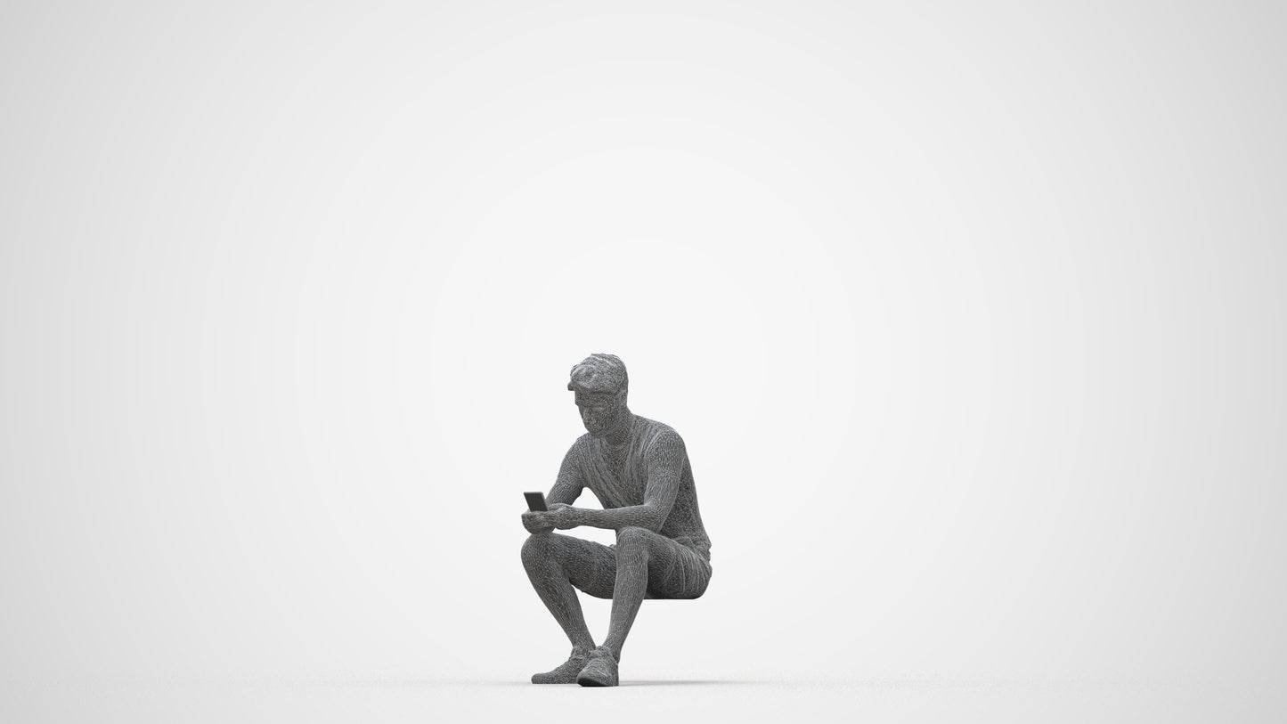 realistic 3D human man casual sitting, archviz people FBX OBJ for Blender, wireframe back view
