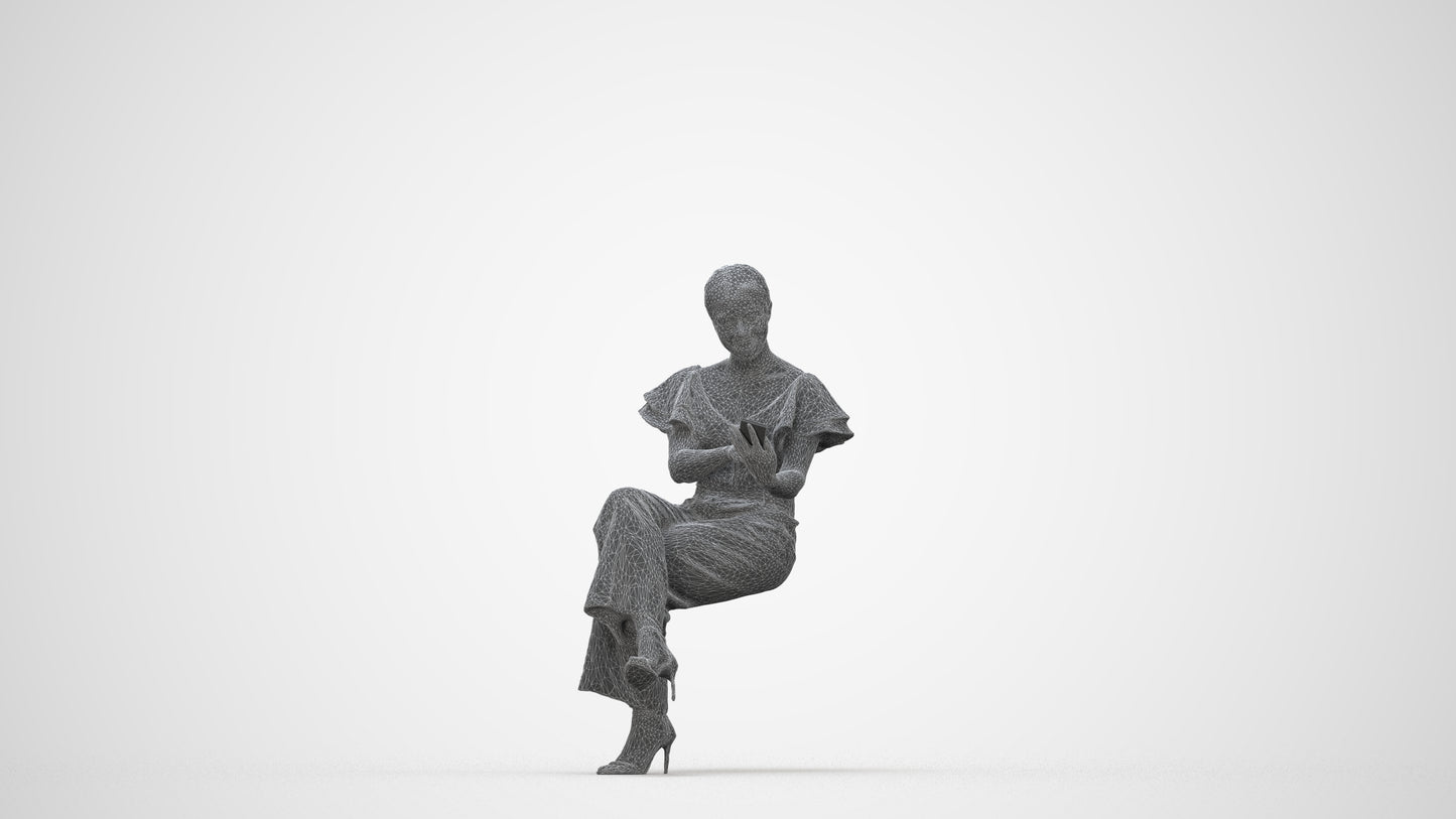 3D scanned woman sitting business, photorealistic archviz people for Enscape and SketchUp, wireframe back view