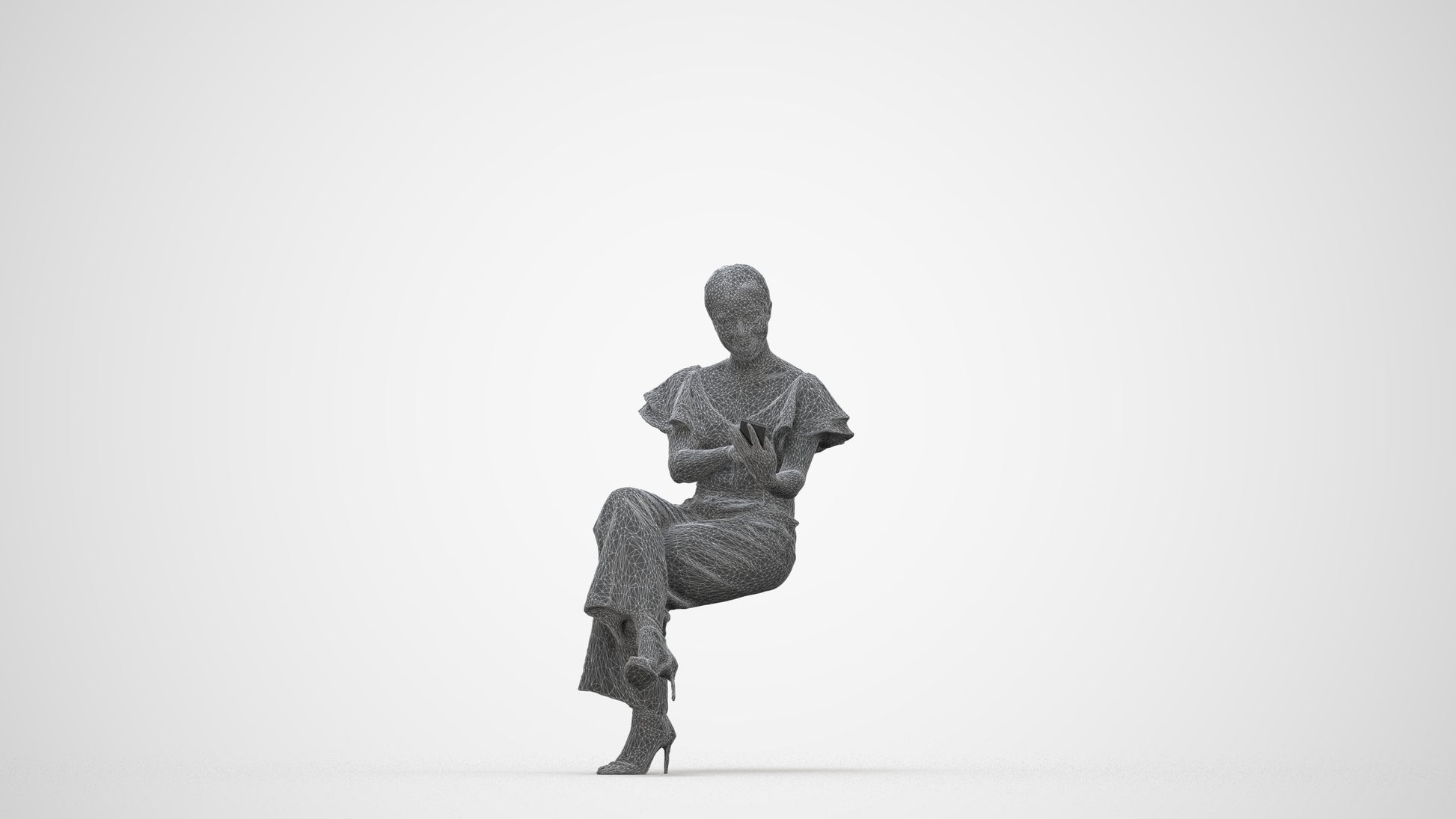 3D scanned woman sitting business, photorealistic archviz people for Enscape and SketchUp, wireframe back view