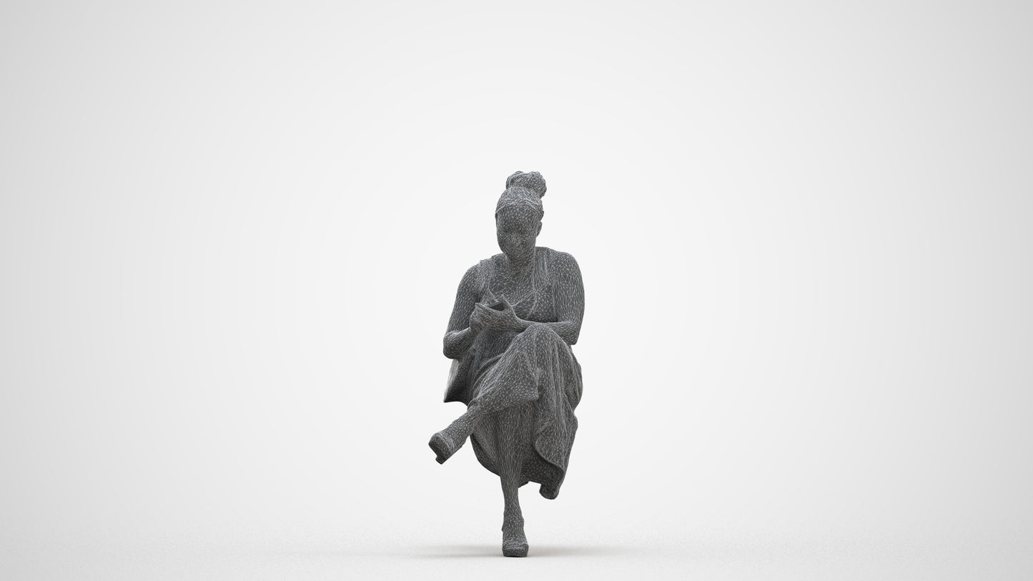realistic 3D woman casual sitting, scanned archviz people for Blender and 3ds Max, three-quarter front view render