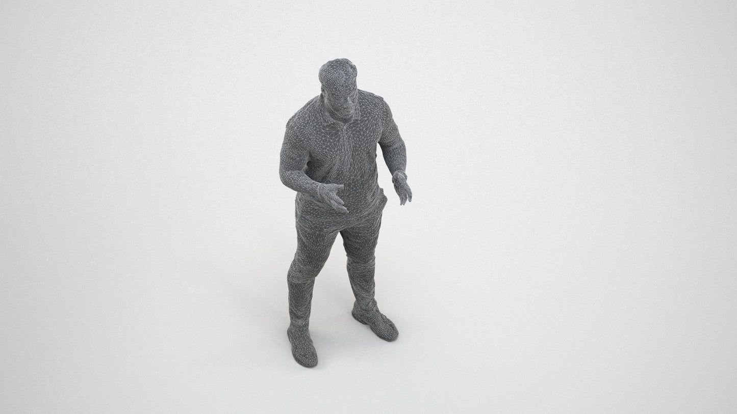 3D scanned man standing casual, photorealistic archviz people for Enscape and SketchUp, wireframe three-quarter view