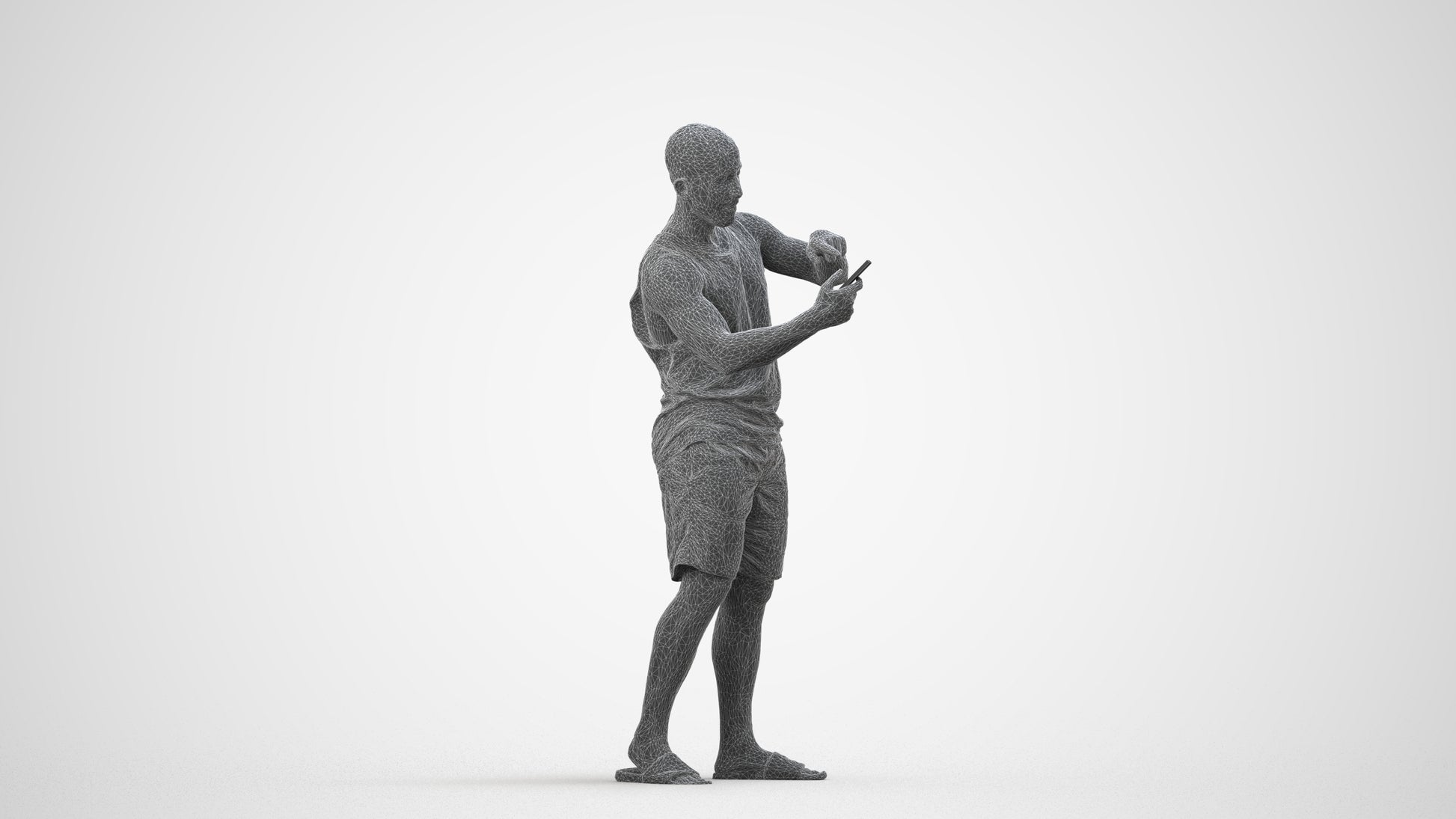 3D scanned man standing, photorealistic archviz people for Enscape and SketchUp, wireframe side view
