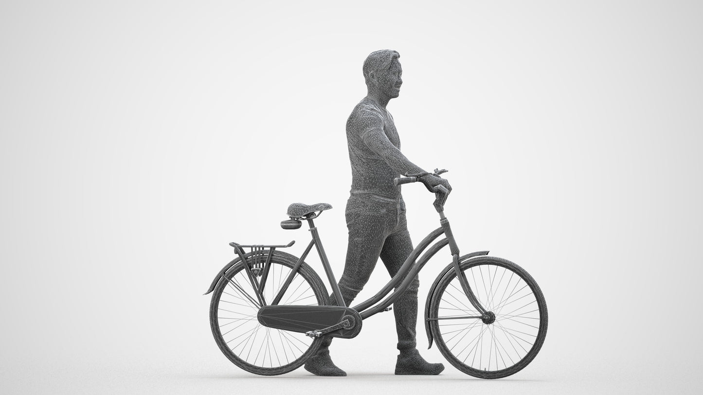 realistic 3D man casual cycling, scanned archviz people for Blender and 3ds Max, wireframe side view