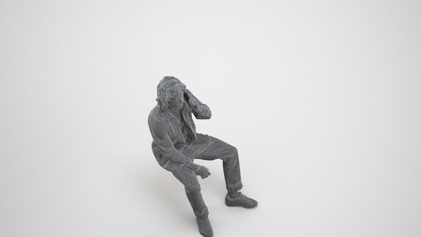 3D human model man casual sitting, photogrammetry scanned person for archviz, wireframe three-quarter view