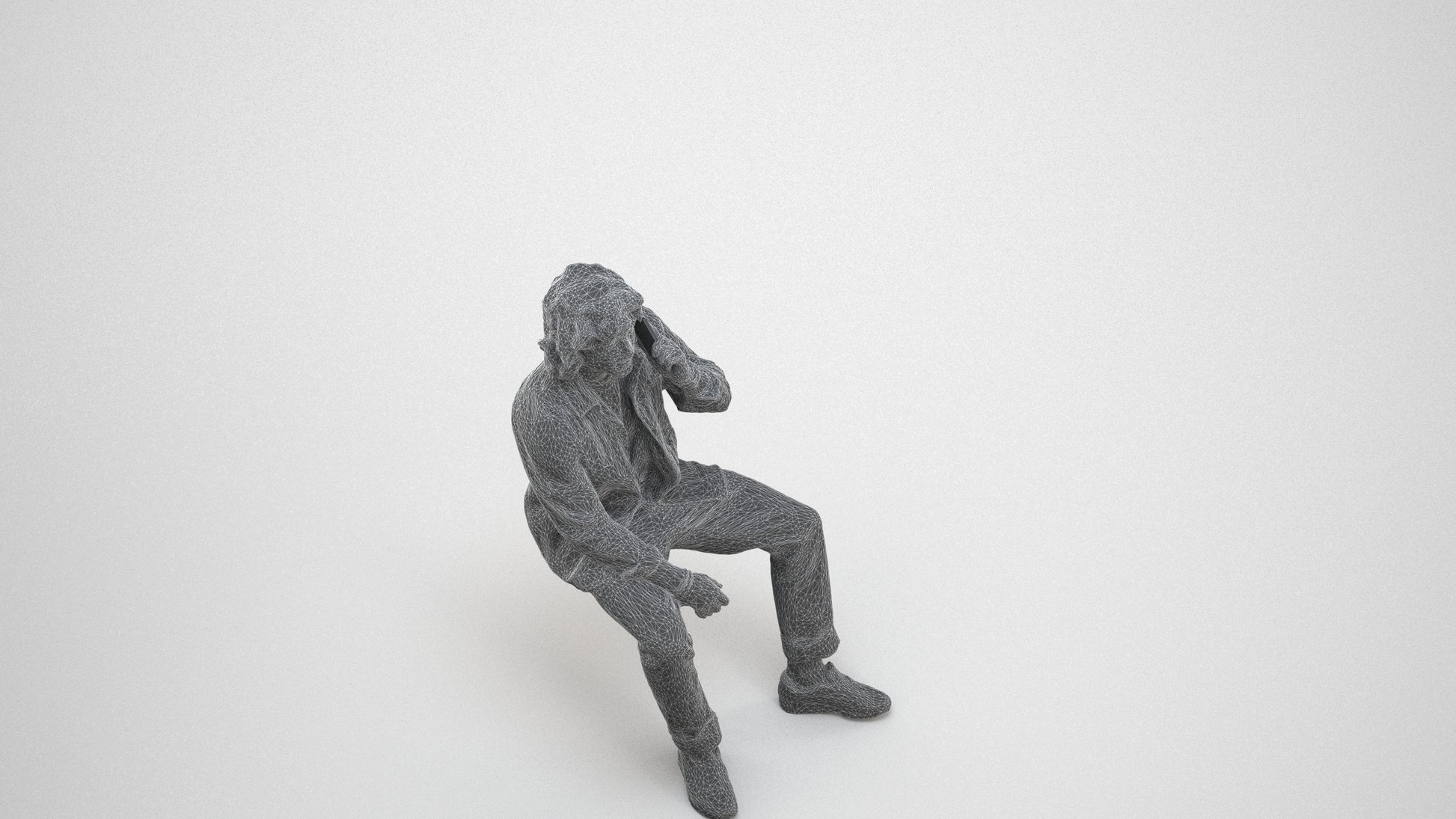 3D human model man casual sitting, photogrammetry scanned person for archviz, wireframe three-quarter view