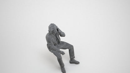 3D human model man casual sitting, photogrammetry scanned person for archviz, wireframe three-quarter view