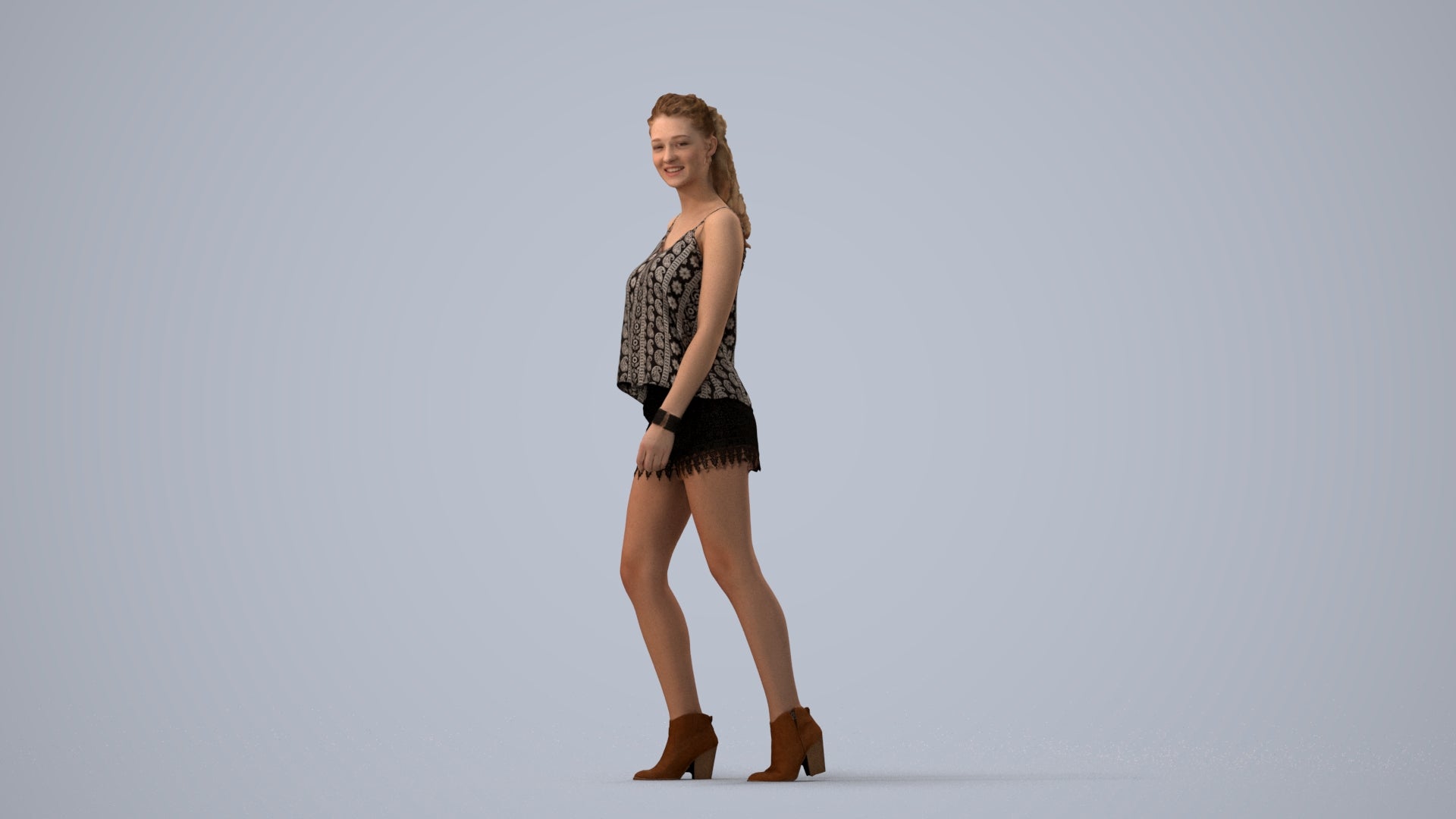 scanned 3D girl casual walking, photogrammetry people for Enscape and V-Ray, three-quarter view render