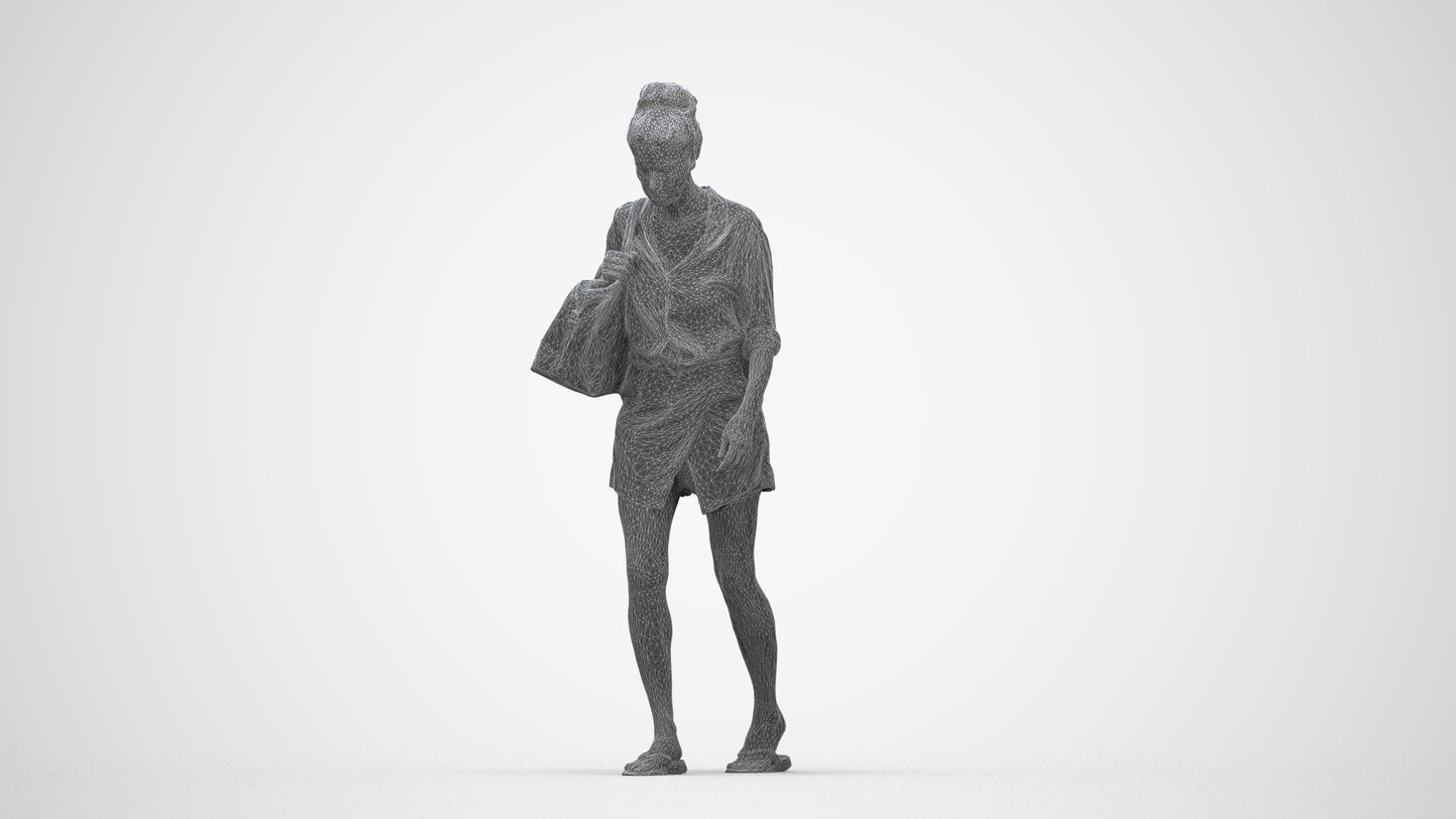 3D human model woman casual walking, photogrammetry scanned person for archviz, wireframe back view