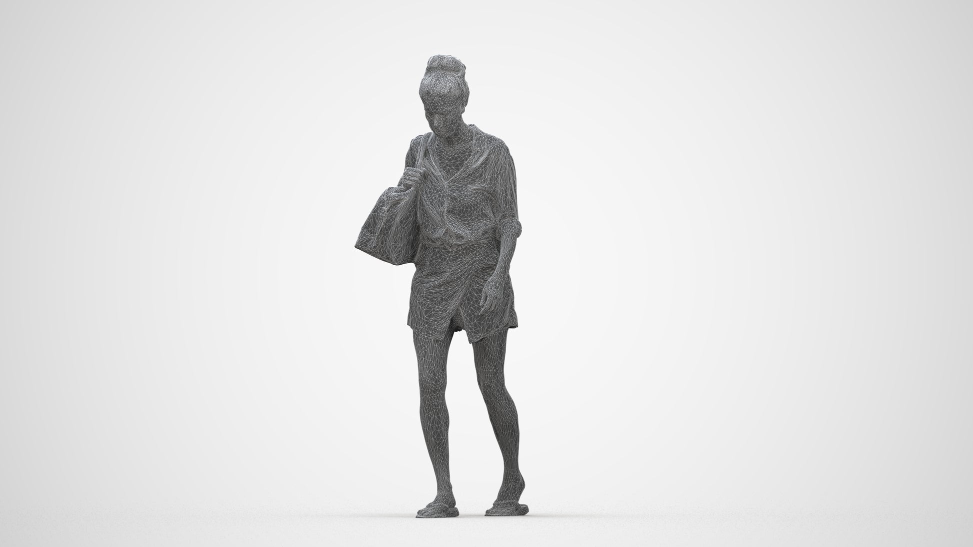 3D human model woman casual walking, photogrammetry scanned person for archviz, wireframe back view