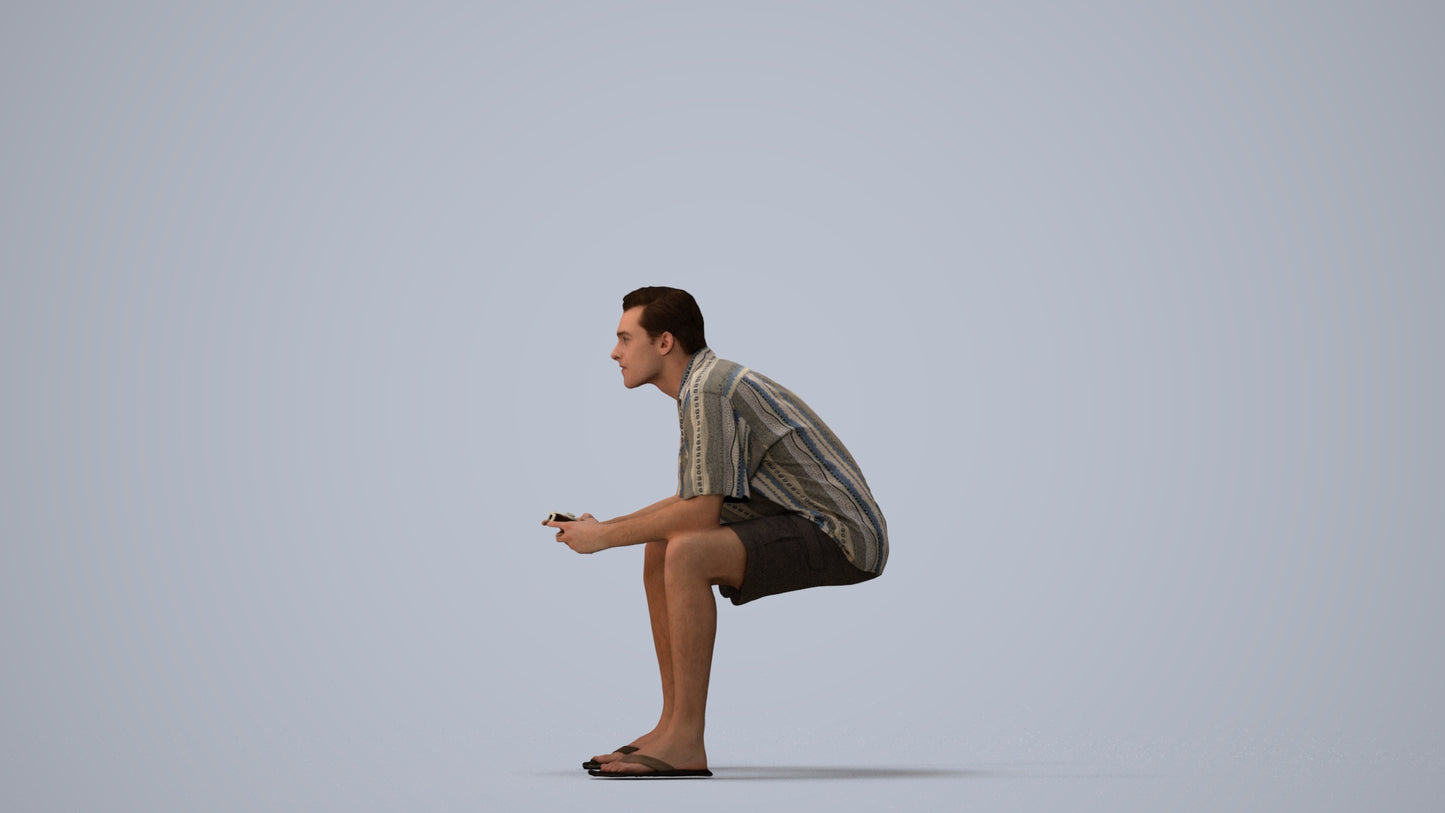 scanned 3D man casual sitting, photogrammetry people for Enscape and V-Ray, three-quarter view render