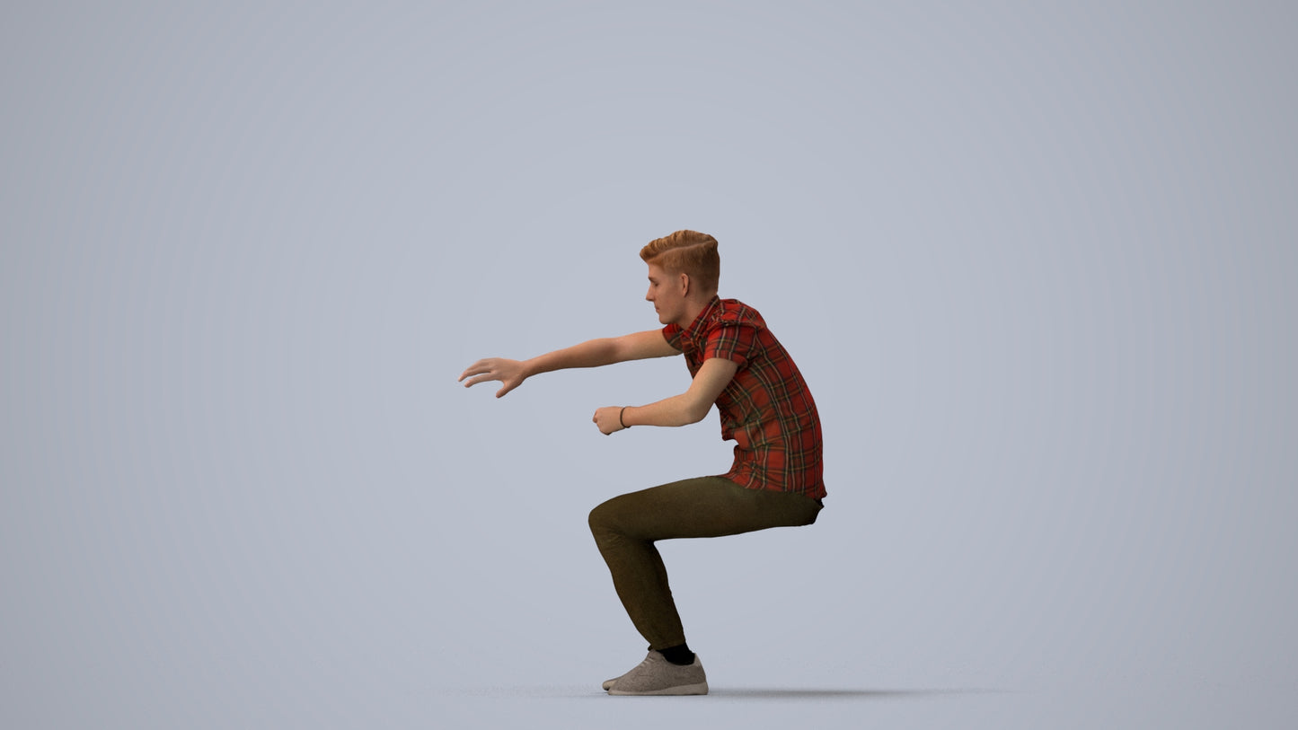 realistic 3D man casual sitting, scanned archviz people for Blender and 3ds Max, three-quarter view render