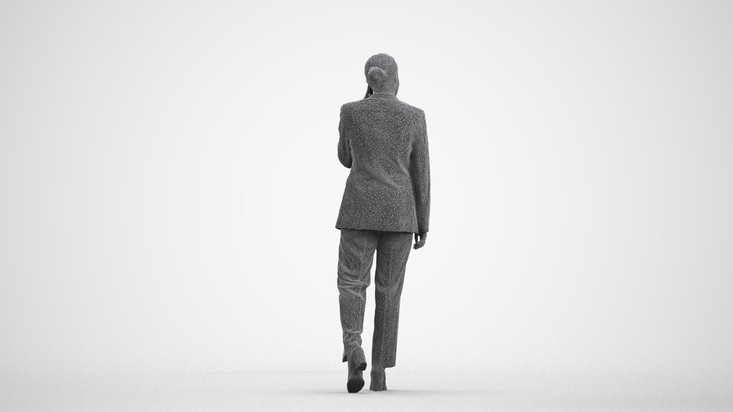 3D scanned woman walking business, photorealistic archviz people for Enscape and SketchUp, wireframe front view