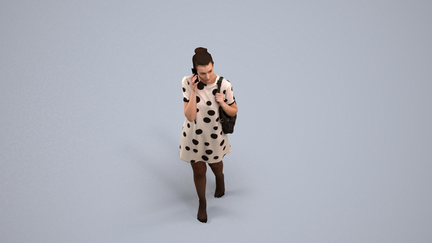 3D human model woman casual walking, photogrammetry scanned person for archviz, back view render