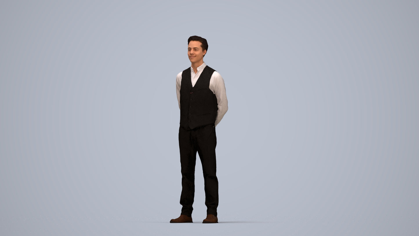 3D people model man hospitality, scanned human for 3ds Max rendering, top-down view render