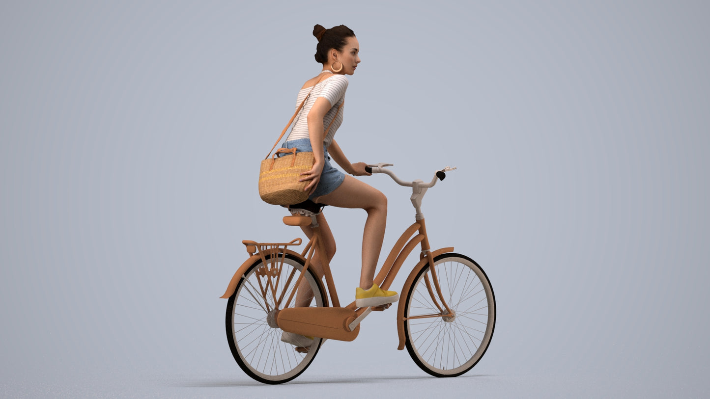 realistic 3D human woman casual cycling, archviz people FBX OBJ for Blender, side view render