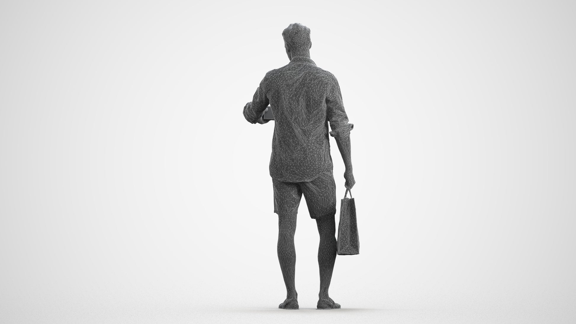3D scanned man standing casual, photorealistic archviz people for Enscape and SketchUp, wireframe front view