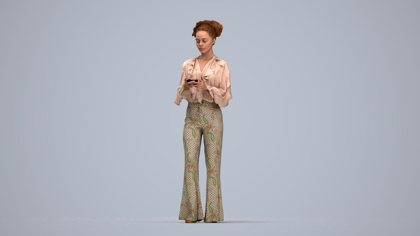 3D human model woman casual standing, photogrammetry scanned person for archviz, top-down view render