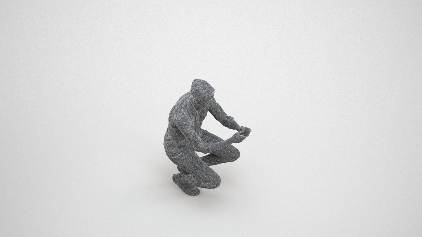 realistic 3D man casual sitting, scanned archviz people for Blender and 3ds Max, wireframe three-quarter view