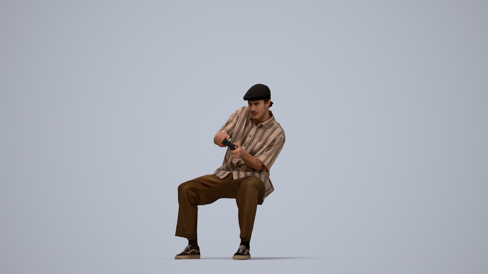 3D human model man casual sitting, photogrammetry scanned person for archviz, top-down view render