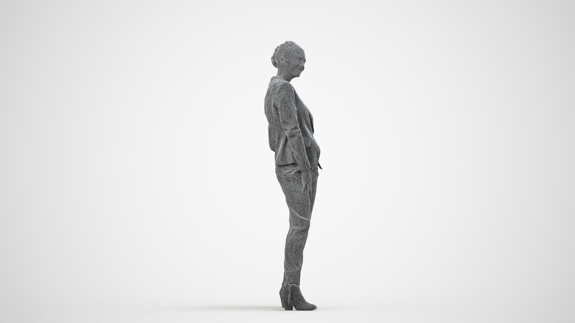 3D scanned woman business, photorealistic archviz people for Enscape and SketchUp, wireframe side view