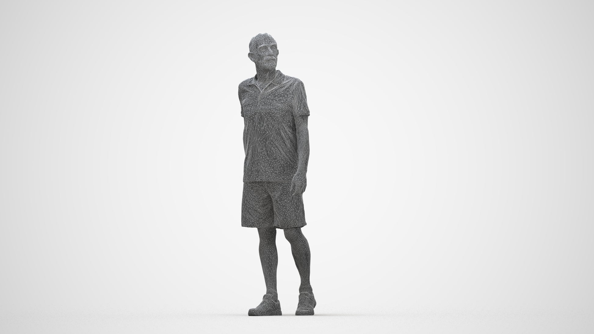 3D human model senior man sport, photogrammetry scanned person for archviz, wireframe back view