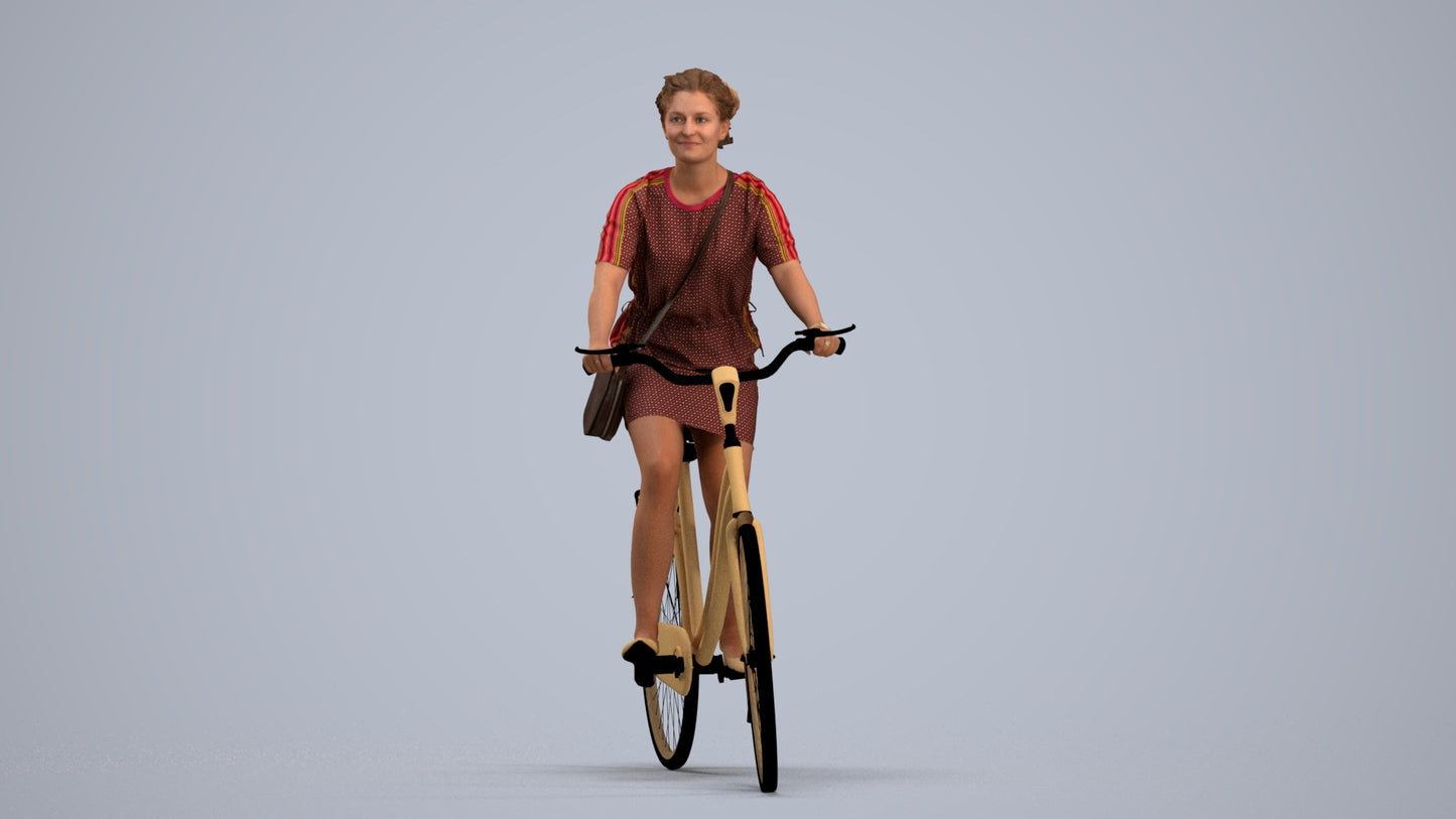 realistic 3D woman casual cycling, scanned archviz people for Blender and 3ds Max, standing pose render