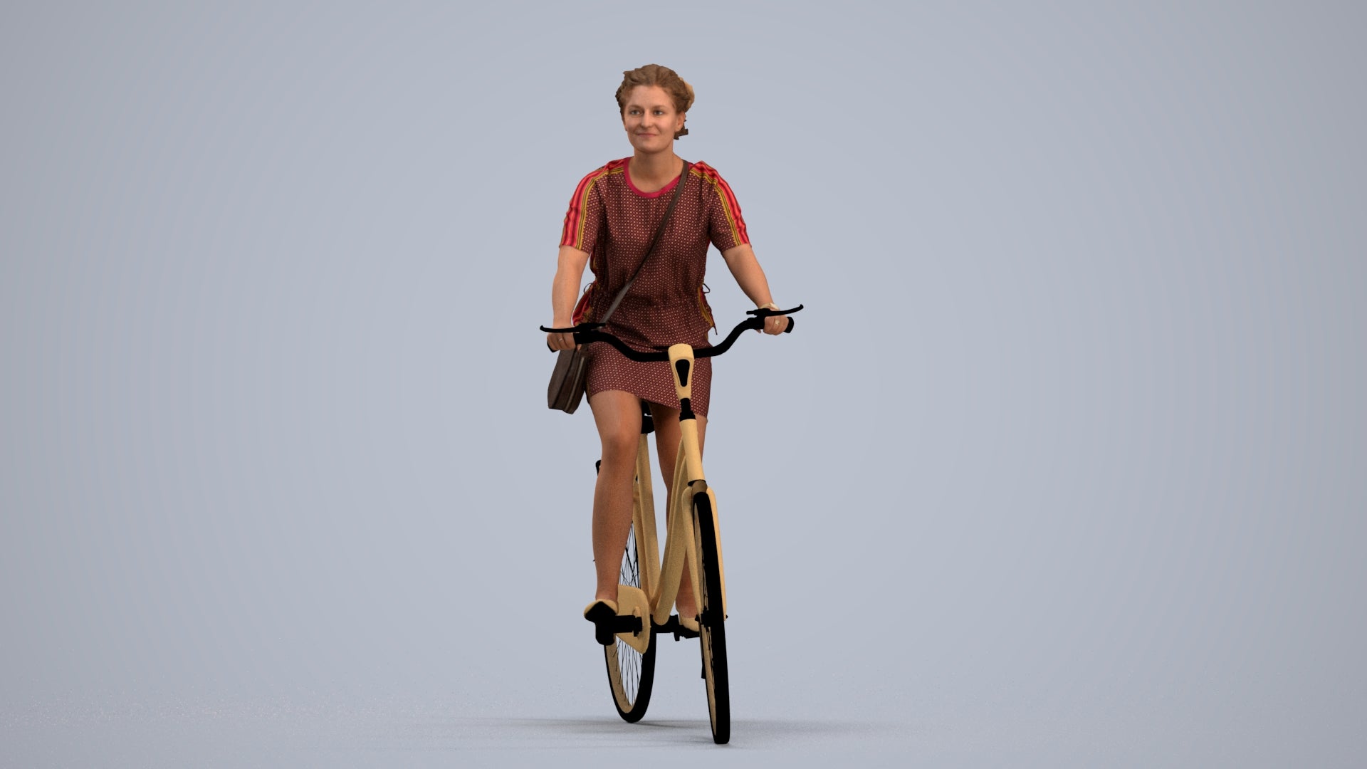 realistic 3D woman casual cycling, scanned archviz people for Blender and 3ds Max, standing pose render