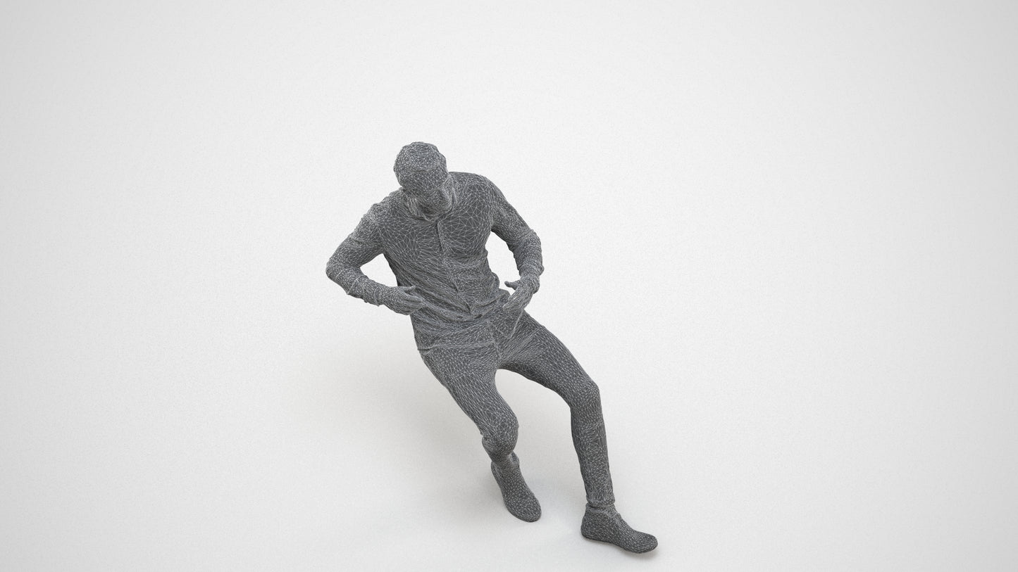 realistic 3D human man casual sitting, archviz people FBX OBJ for Blender, wireframe three-quarter view