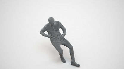 realistic 3D human man casual sitting, archviz people FBX OBJ for Blender, wireframe three-quarter view