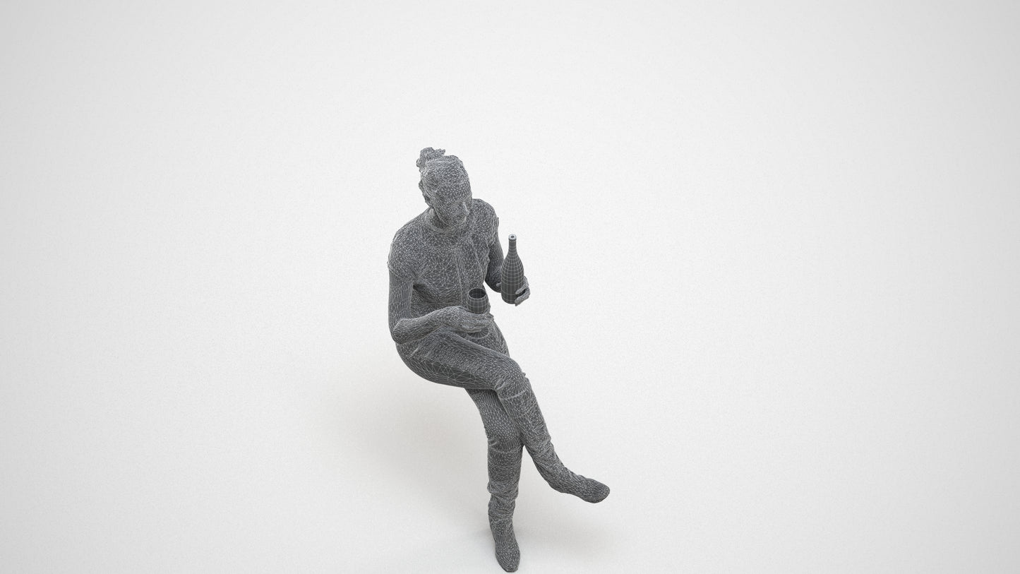 3D human model woman casual sitting, photogrammetry scanned person for archviz, wireframe three-quarter view