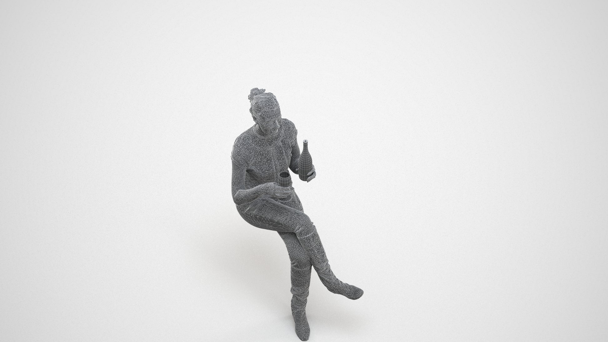 3D human model woman casual sitting, photogrammetry scanned person for archviz, wireframe three-quarter view