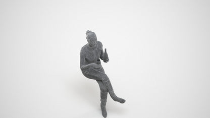 3D human model woman casual sitting, photogrammetry scanned person for archviz, wireframe three-quarter view