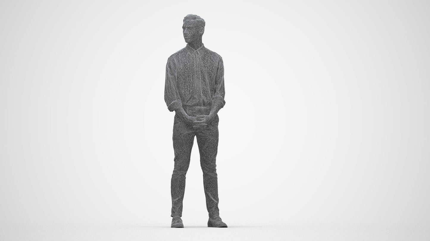 3D people model man casual standing, scanned human for 3ds Max rendering, wireframe back view