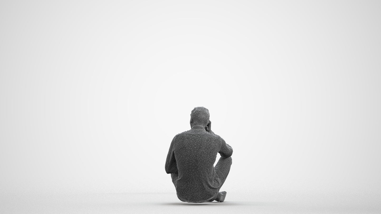 3D scanned man sitting casual, photorealistic archviz people for Enscape and SketchUp, wireframe front view