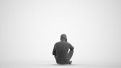 3D scanned man sitting casual, photorealistic archviz people for Enscape and SketchUp, wireframe front view